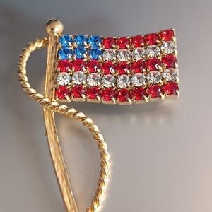 Gold American Flag Brooch with Red, White, and Blue Crystals